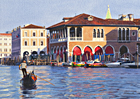 A watercolour painting of evening light on the Pescheria with gondola, Venice by Margaret Heath RSMA